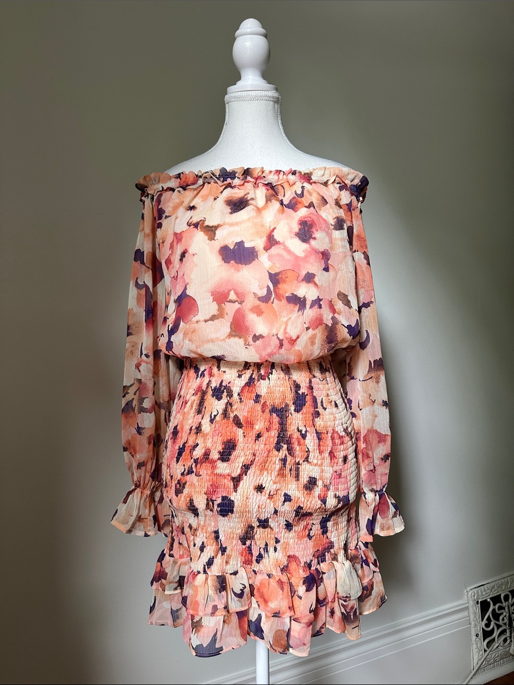 VICI Floral Summer Ruffle Off the Shoulder Smocked Mini Long Sleeve Dress Small